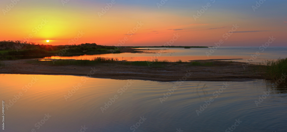 The panorama of the lake and the sunrise.Uzbekistan