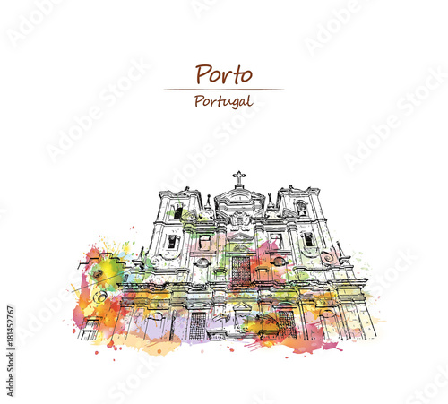Watercolor splash with sketch of Prospective view of baroque facade of Church of Clerigos or Igreja dos Clerigos in historic center of Porto, Portugal in vector illustration.