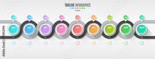 Navigation map infographic 9 steps timeline concept. Winding roa