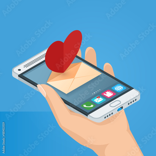 Female hand holds a mobile phone. Cellphone with love letter. Valentines Day isometric concept. Realistic vector illustration.