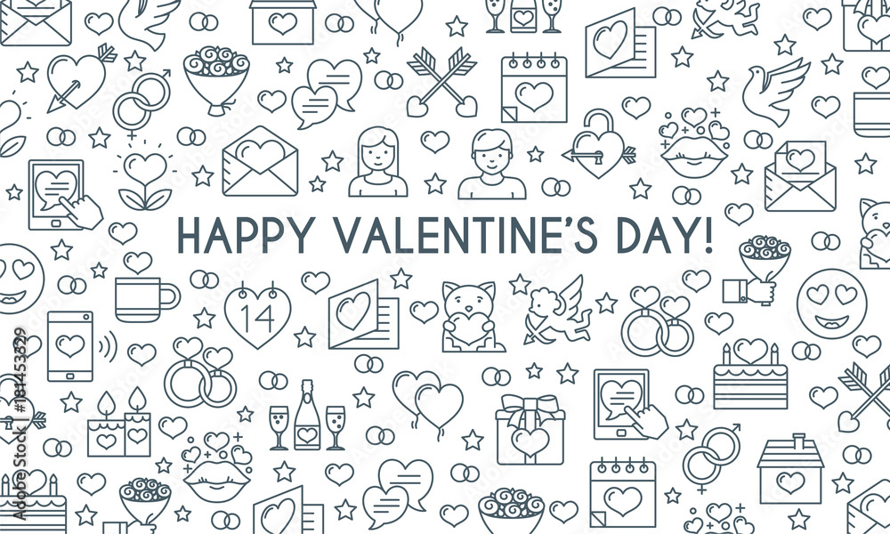 Valentines day banner. Thin line icons. Vector illustration