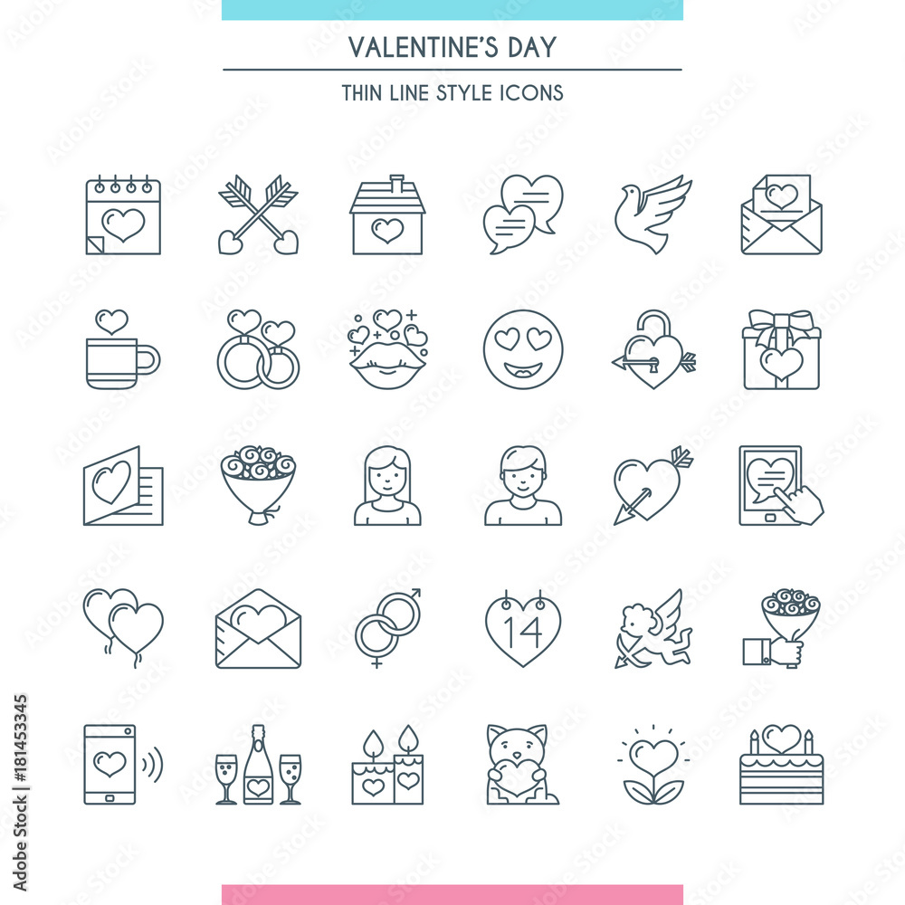 Valentines day icons set. Modern thin line icons. Vector illustration Valentines day icons set. Modern thin line icons. Vector illustration