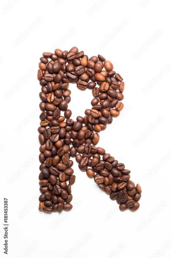 Alphabet R of coffee beans isolated on white background Alphabet R of coffee beans isolated on white background