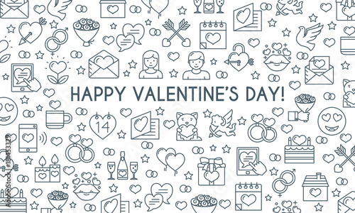 Valentines day banner. Thin line icons. Vector illustration