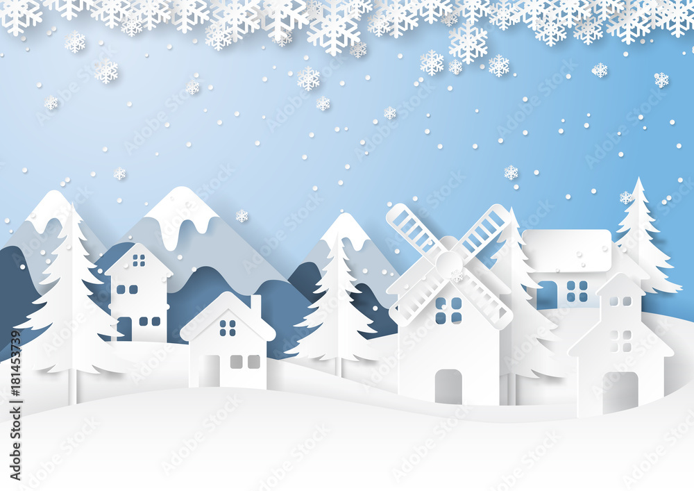 Naklejka premium Urban countryside on snow and winter season landscape background.For merry christmas and happy new year paper art style.Vector illustration.
