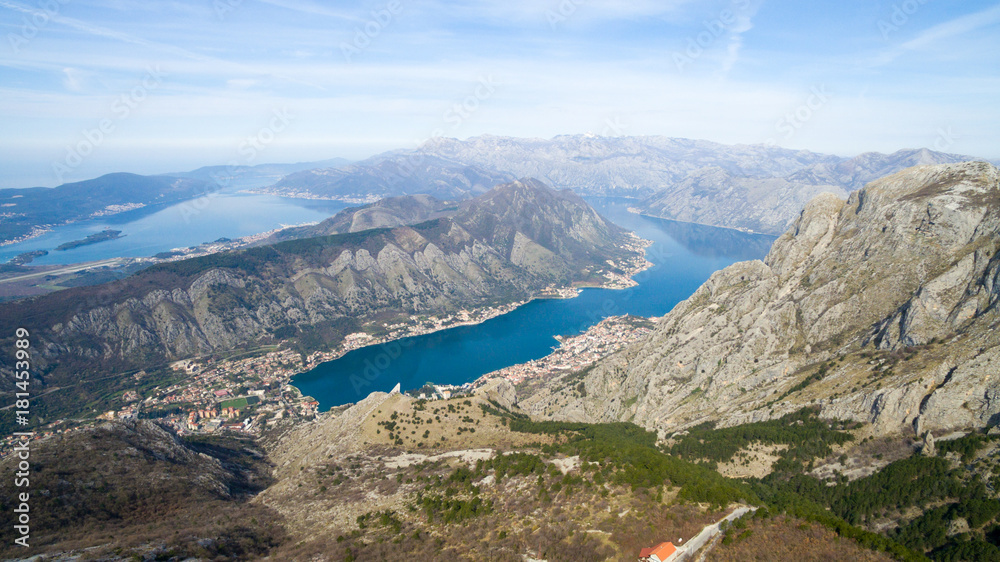 kotor blue bay and gray mountains on panoramic view
