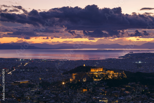 View of Acropolis and city of Athens from Lycabettus hill at sunset, Greece. 
