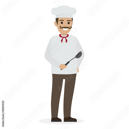 Chef Food in White Tunic and Toque Holds Ladle