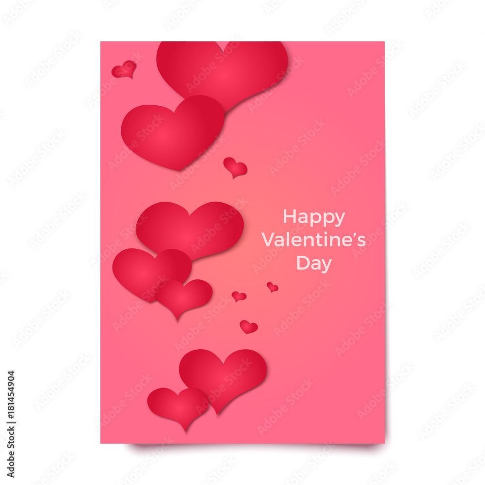 Happy Valentine's day card, poster, broshure or flyer template. Red 3d hearts on pink background, vector illustration.
