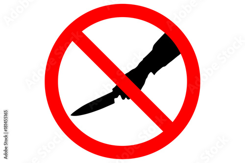 STOP VIOLENCE sign. Silhouette of human hand with killing kitchen knife in red circle. Vector.