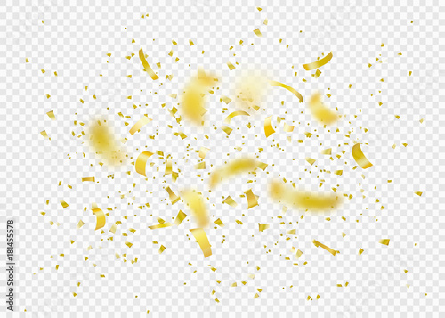 Confetti explosion background. Shiny gold flying tinsel for party