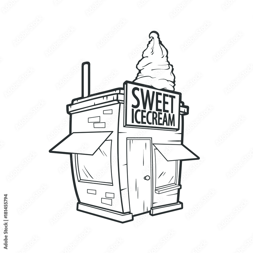 Vector cute ice cream shop in line art cartoon monochrome style, vector  illustration isolated on white background Stock Vector | Adobe Stock