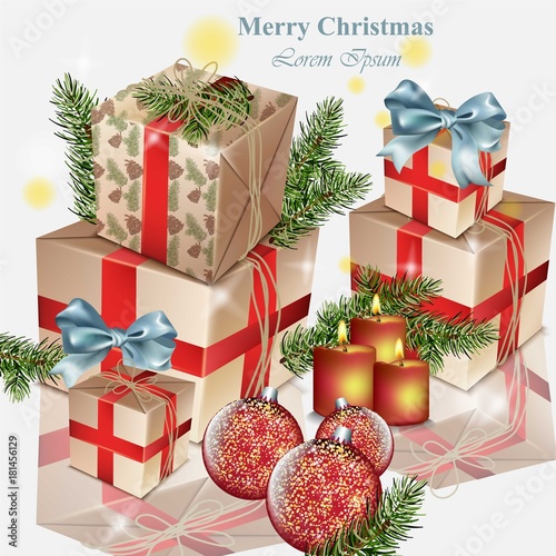 Gift boxes and baubles Christmas toys Vector realistic illustrations