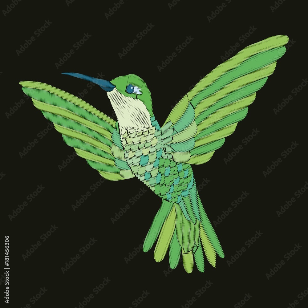 Obraz premium Embroidery with hummingbird and orchid flowers vector illustration.
