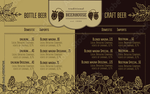 Beer menu for restaurant and cafe. Design template with hand drawn graphic elements in retro style.
