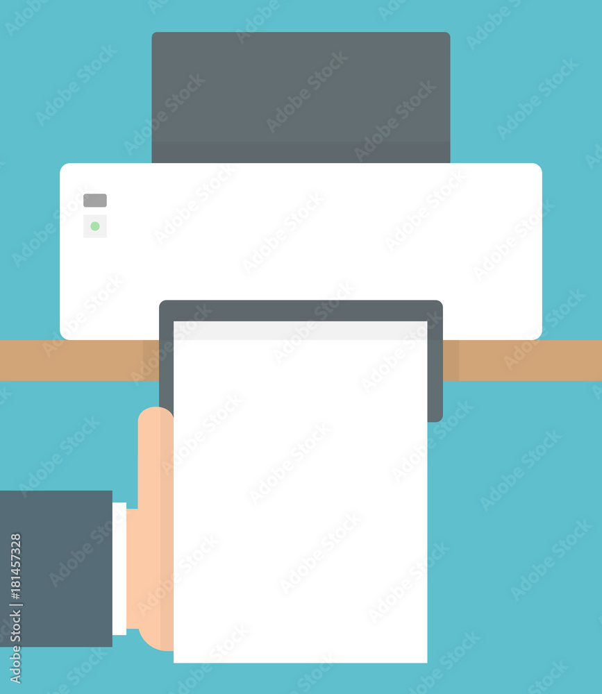 Hand holding blank paper coming out of printer Hand holding blank paper coming out of printer