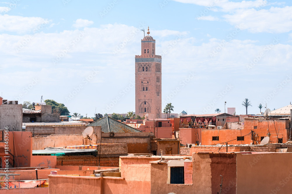 panoramic views of marrakech medina with koutoubia at background, morocco