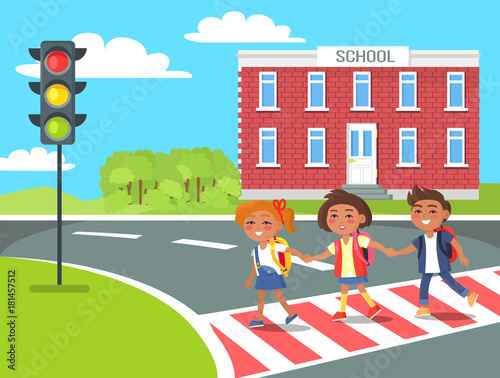 Pupils go Home After Classes Crossing Pedestrian