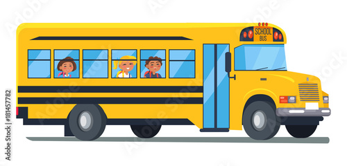 School Bus with Kids Sitting Near Windows Vector