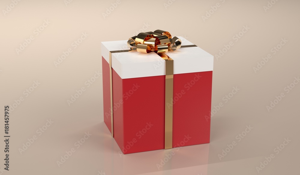 Present Box With Gold Ribbon And Bow On Light Background 3D Rendering Present Box With Gold Ribbon And Bow On Light Background 3D Rendering