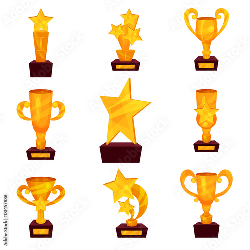 Golden awards set, trophy cups and awards in shape of star cartoon vector Illustrations