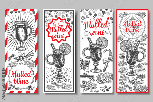 Hand drawn mulled wine vector banners set. Black and white sketch posters with wine glass. Menu cards design templates in retro vintage style.