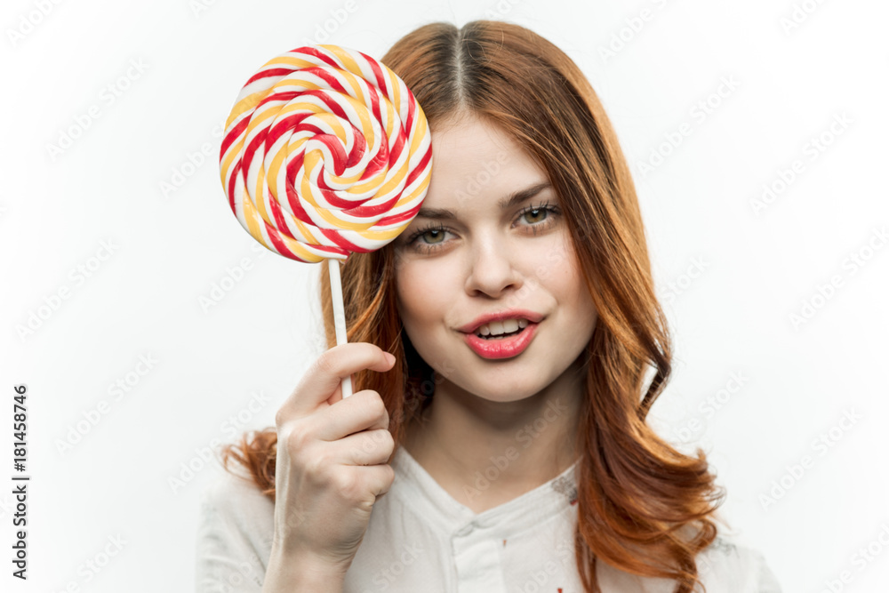 Candy, sweetness, lollipop, girl with red hair, woman on white isolated background