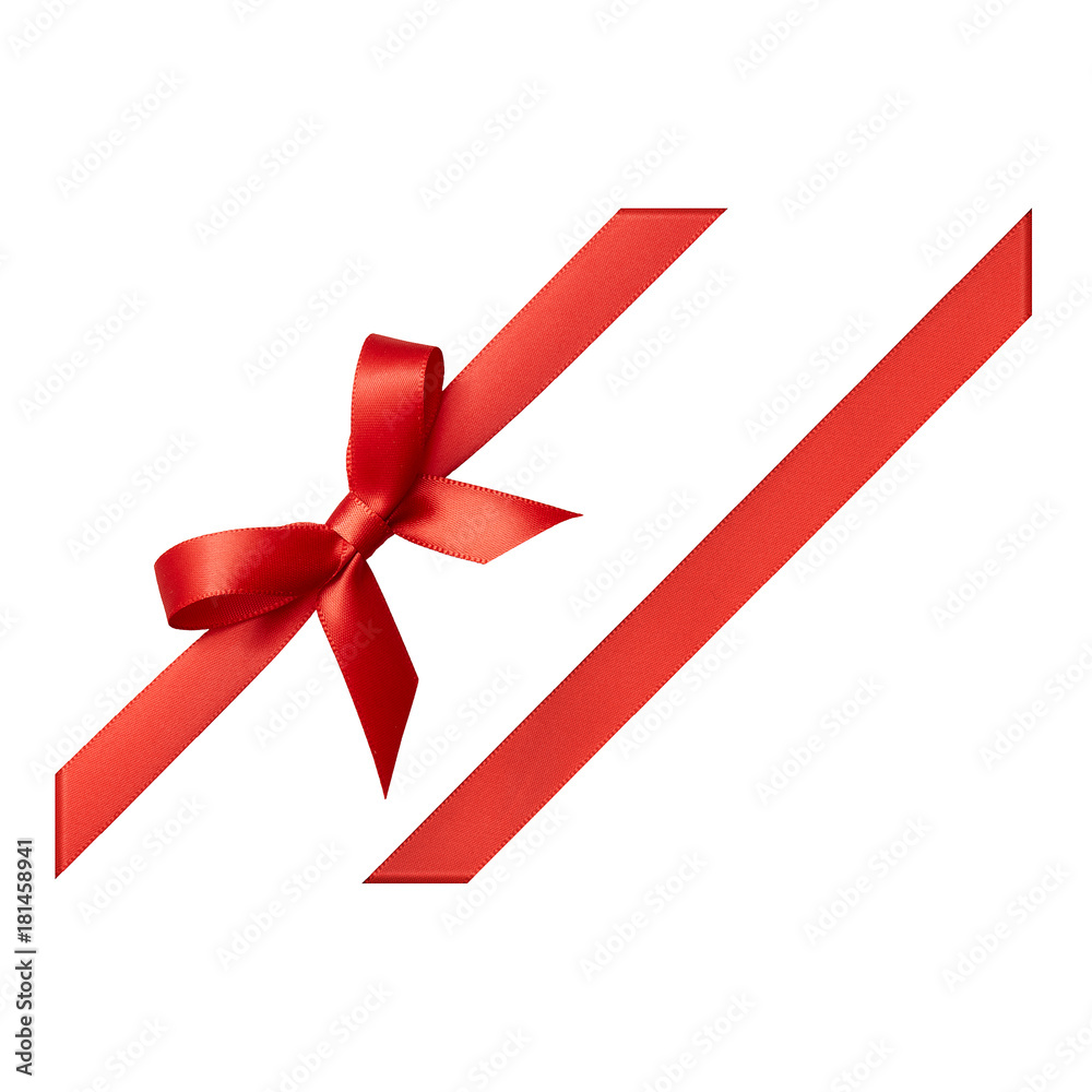 Red bow tied using silk ribbon, cut out top view, corner Red bow tied using silk ribbon, cut out top view, corner