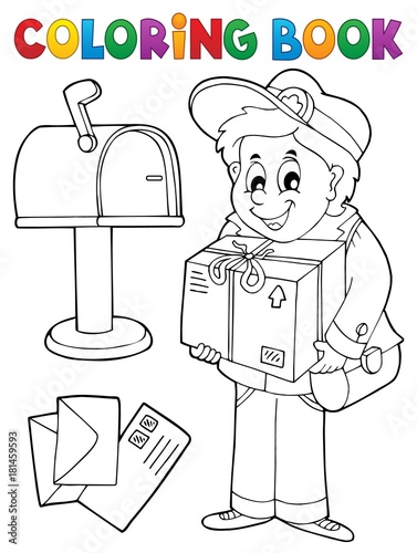 Coloring book mailman delivering box