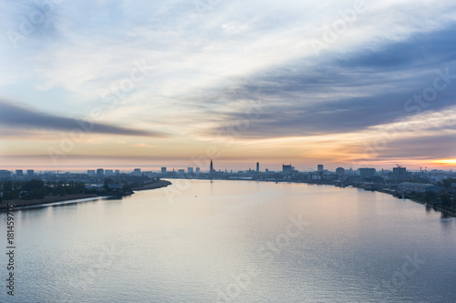 Aerial image of the Scheldt river and the city of Antwerp at sunrise © Sebastian