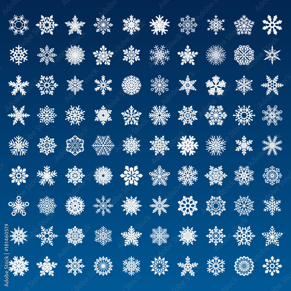 set of vector snowflakes on blue background