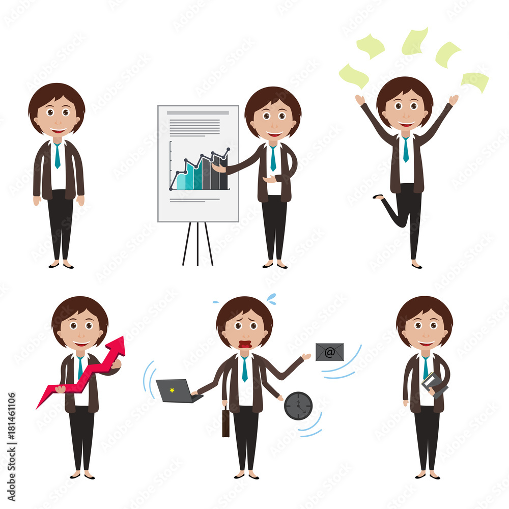 Character of Business women in different working pose. Character of Business women in different working pose.