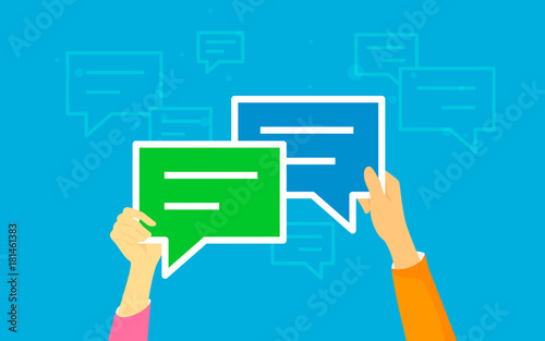 Speech bubbles for comment and reply concept vector illustration of young people texting and leaving comments in social networks. Flat human hands hold speech bubbles symbols on blue background