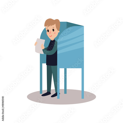 Man standing in voting booth and holding ballot, people taking part in voting vector Illustration
