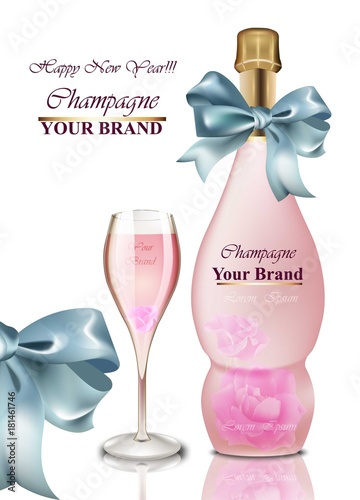 Happy New Year card. Pink Champagne with bow Vector illustrations
