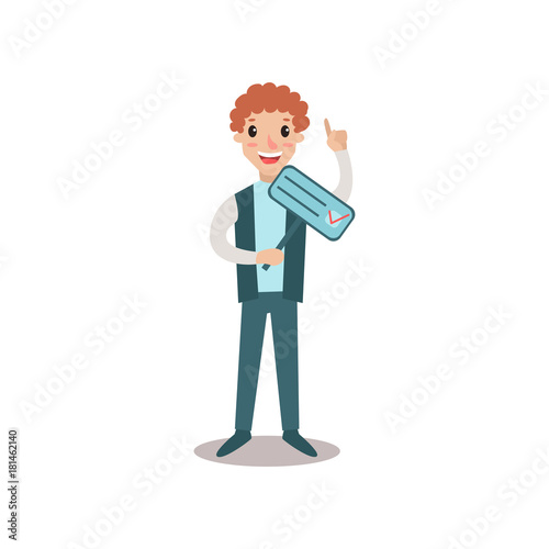 Man character holding election placard and megaphone, political agitation campaign vector Illustration