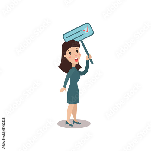 Young woman character holding placard election voting, political agitation campaign vector Illustration