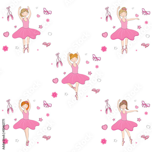 Cute ballerina girl in different hairstyle on doodle elements background.