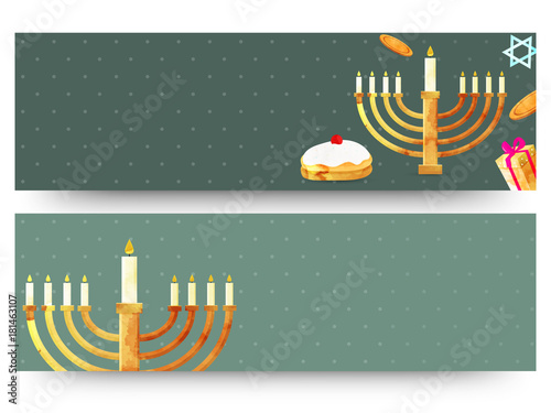 Jewish holiday Hanukkah with menorah (traditional Candelabra), donut and wooden dreidel (spinning top). Web Headers or Banners.