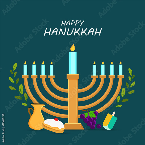 Jewish holiday Hanukkah with menorah (traditional Candelabra), donut and wooden dreidel (spinning top), grapes.