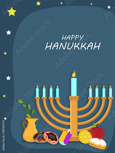 Jewish holiday Hanukkah with menorah (traditional Candelabra), donut and wooden dreidel (spinning top), and fruits.