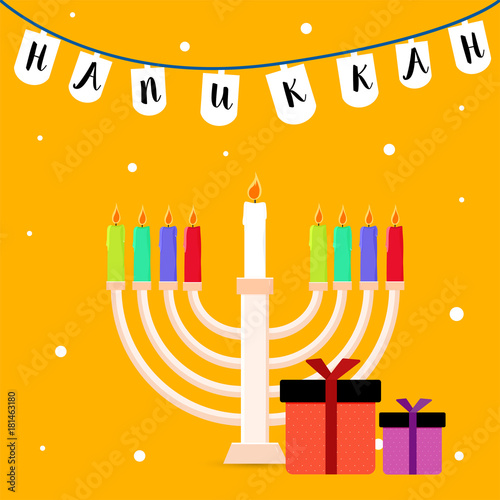 Jewish holiday Hanukkah with menorah (traditional Candelabra), and gift boxes.