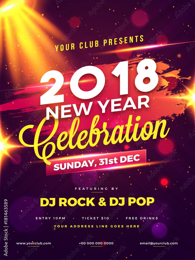 New Year Evening 2018 Party Night Celebration Poset or Flyer Design with Fireworks on Background.