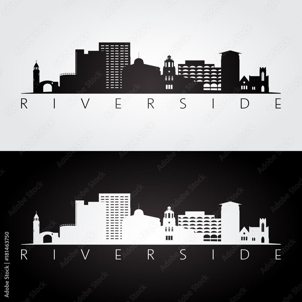 Riverside usa skyline and landmarks silhouette, black and white design, vector illustration.