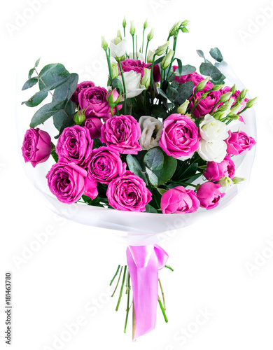 Fototapeta Naklejka Na Ścianę i Meble -  Bouquet of fresh beautiful pink and white roses with pink ribbon isolated on white background. For birthday, Mothers Day and Valentines Day