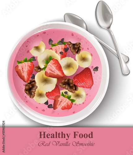 Strawberry banana vanilla smoothie Vector realistic. Healthy food template