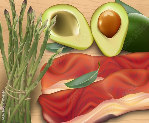 Salmon, asparangus and avocado Vector realistic. Healthy food templates