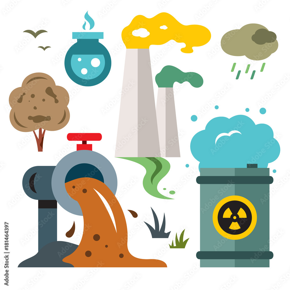 Environment pollution. Ecology. Flat style colorful Vector Cartoon  illustration. Stock Vector | Adobe Stock