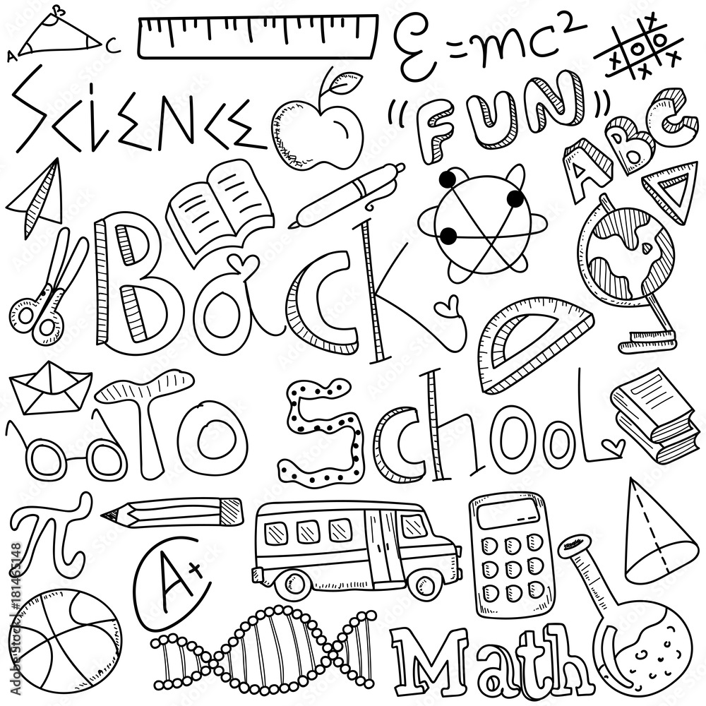Back to School doodle, with black and white education sign, symbols and icons.