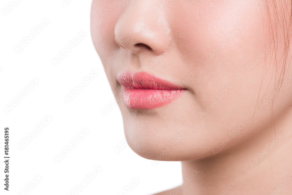 Asian woman lips nose nature skin isolated on white.